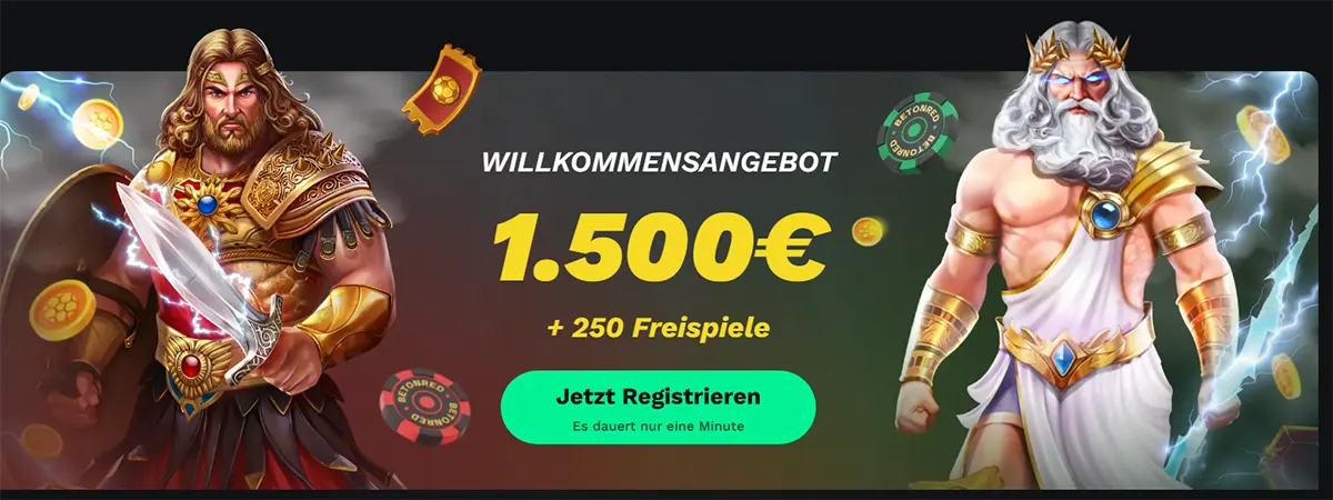 German welcome offer banner featuring gods with lightning and coins, advertising “1.500€” and “+250 Freispiele” (250 free spins), with a “Jetzt Registrieren” (Register now) green button.